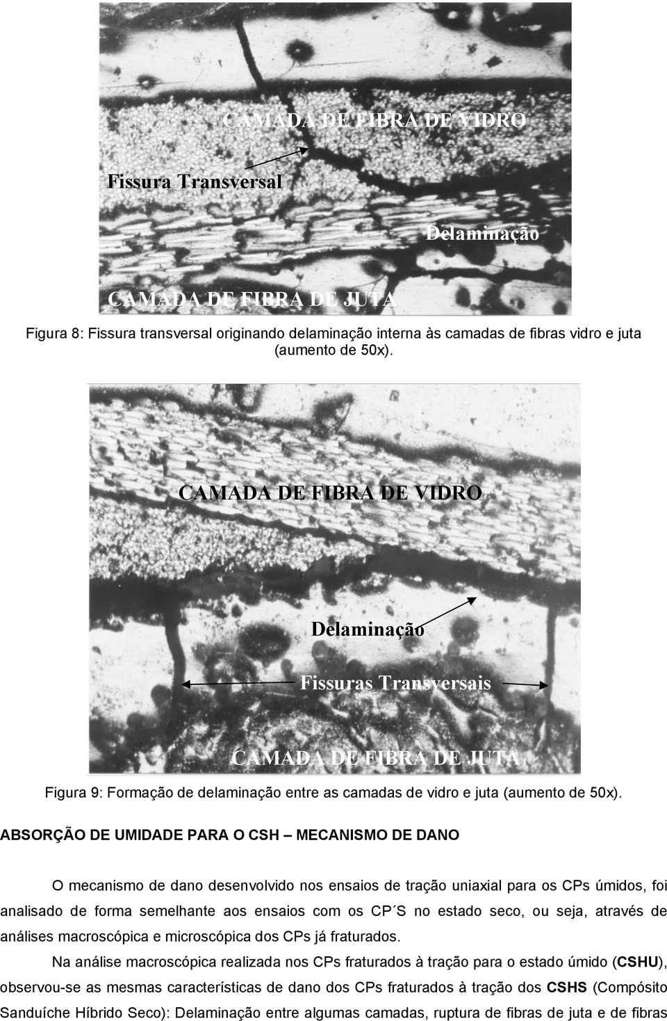 ABSORÇÃO DE UMIDADE PARA O CSH MECANISMO DE DANO O mecanismo de dano desenvolvido nos ensaios de tração uniaxial para os CPs úmidos, foi analisado de forma semelhante aos ensaios com os CP S no