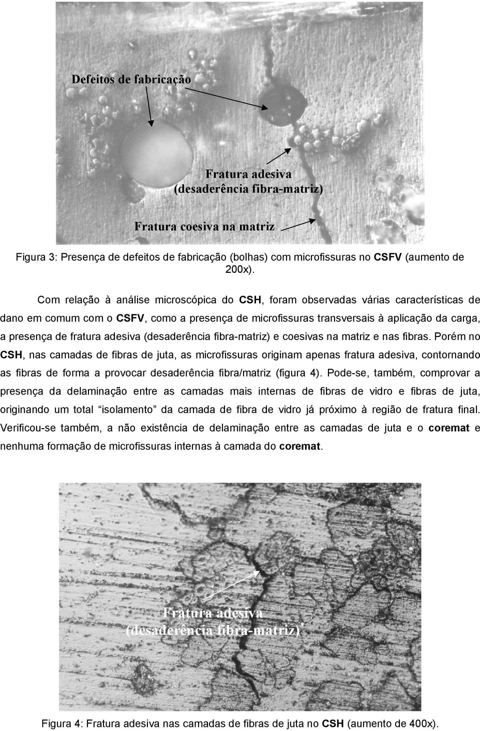 fratura adesiva (desaderência fibra-matriz) e coesivas na matriz e nas fibras.