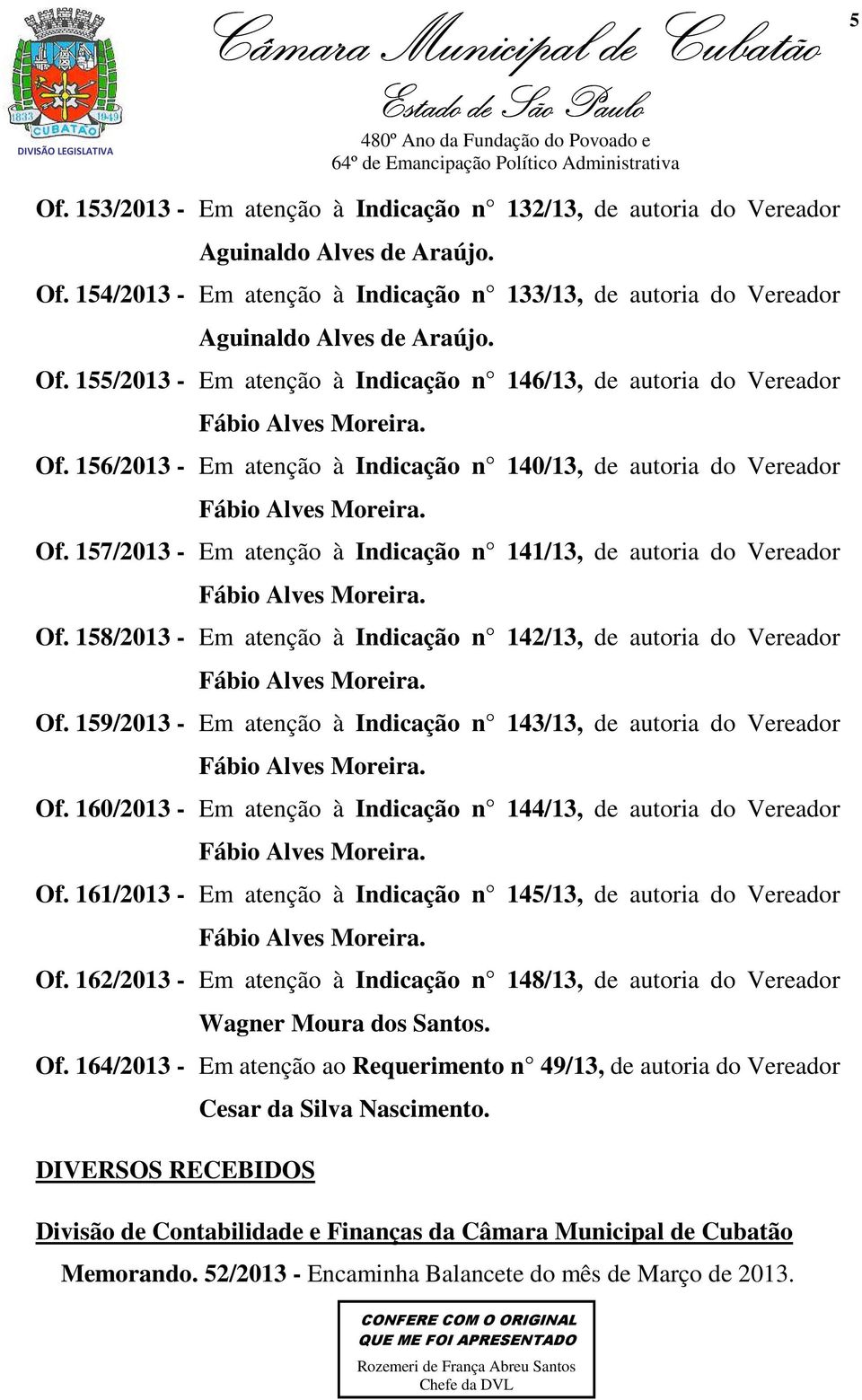 Of. 158/2013 - Em atenção à Indicação n 142/13, de autoria do Vereador Fábio Alves Moreira. Of. 159/2013 - Em atenção à Indicação n 143/13, de autoria do Vereador Fábio Alves Moreira. Of. 160/2013 - Em atenção à Indicação n 144/13, de autoria do Vereador Fábio Alves Moreira.