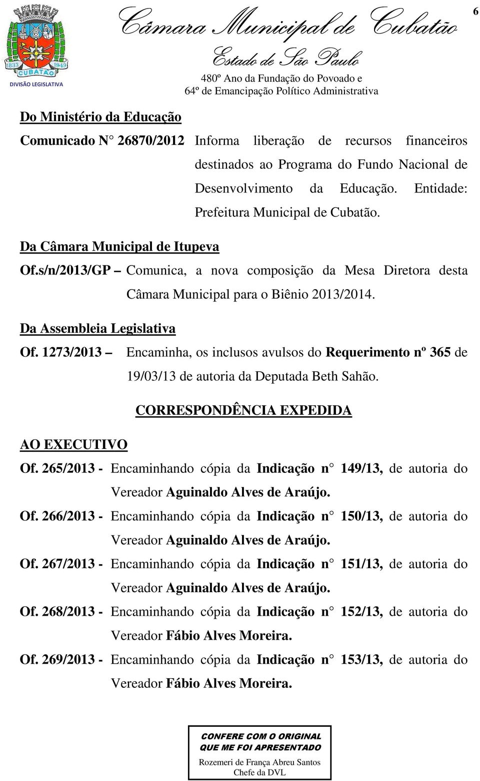 Da Assembleia Legislativa Of. 1273/2013 Encaminha, os inclusos avulsos do Requerimento nº 365 de 19/03/13 de autoria da Deputada Beth Sahão. CORRESPONDÊNCIA EXPEDIDA AO EXECUTIVO Of.