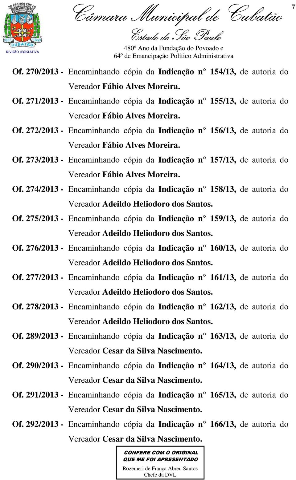 273/2013 - Encaminhando cópia da Indicação n 157/13, de autoria do Vereador Fábio Alves Moreira. Of.