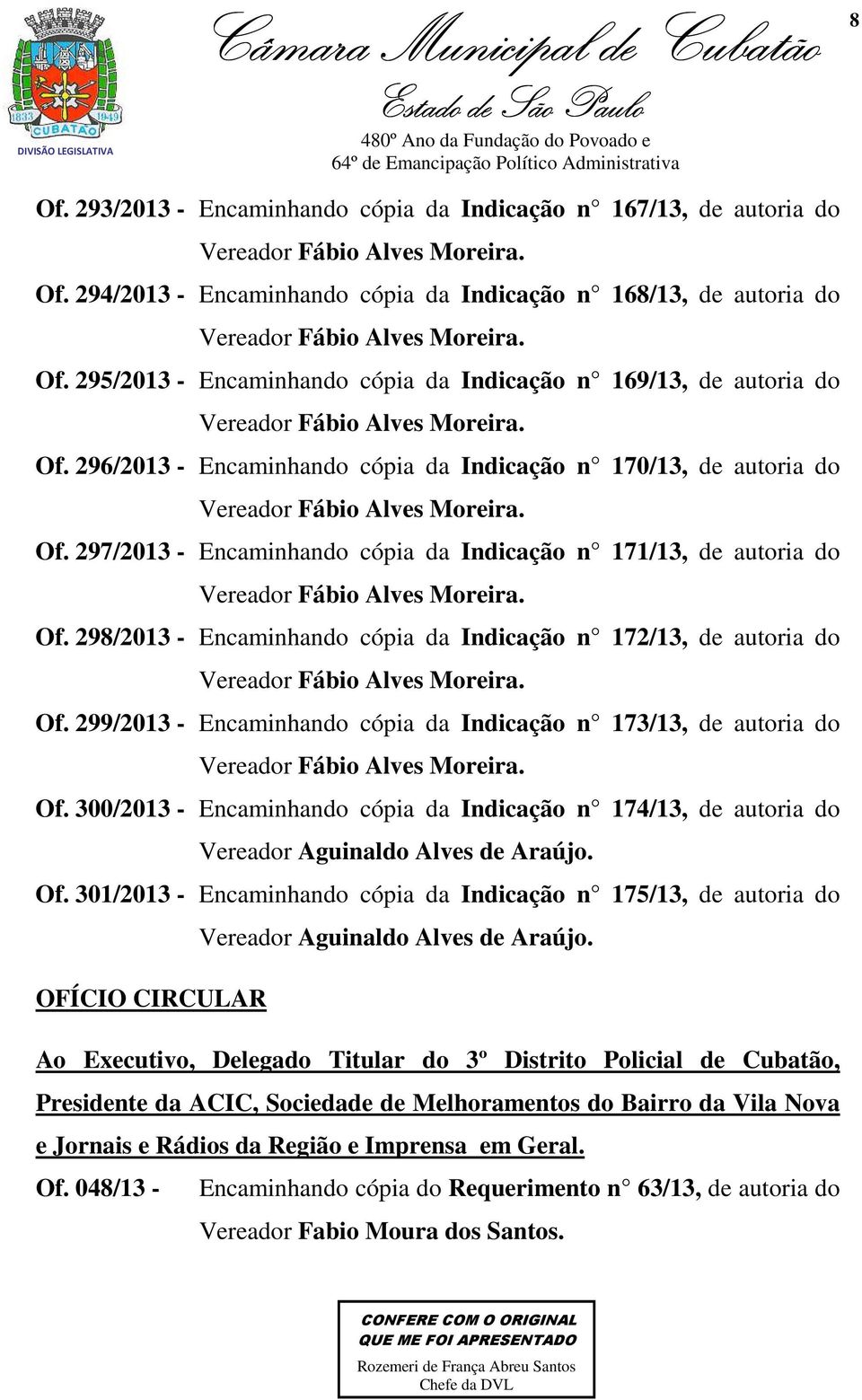 296/2013 - Encaminhando cópia da Indicação n 170/13, de autoria do Vereador Fábio Alves Moreira. Of. 297/2013 - Encaminhando cópia da Indicação n 171/13, de autoria do Vereador Fábio Alves Moreira.