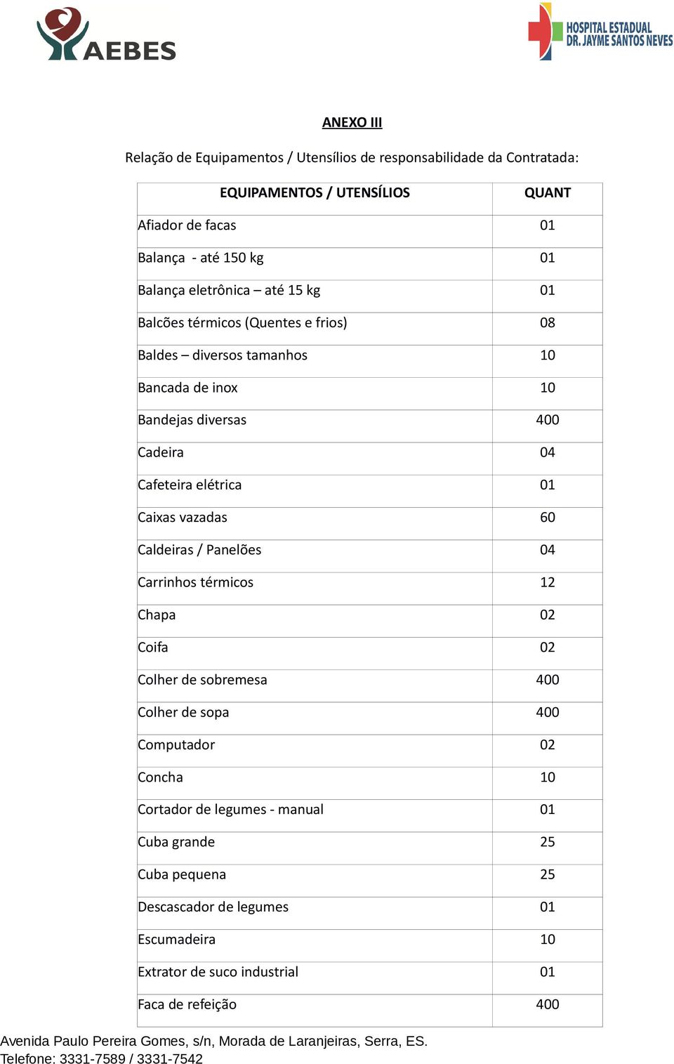 Cafeteira elétrica 01 Caixas vazadas 60 Caldeiras / Panelões 04 Carrinhos térmicos 12 Chapa 02 Coifa 02 Colher de sobremesa 400 Colher de sopa 400 Computador