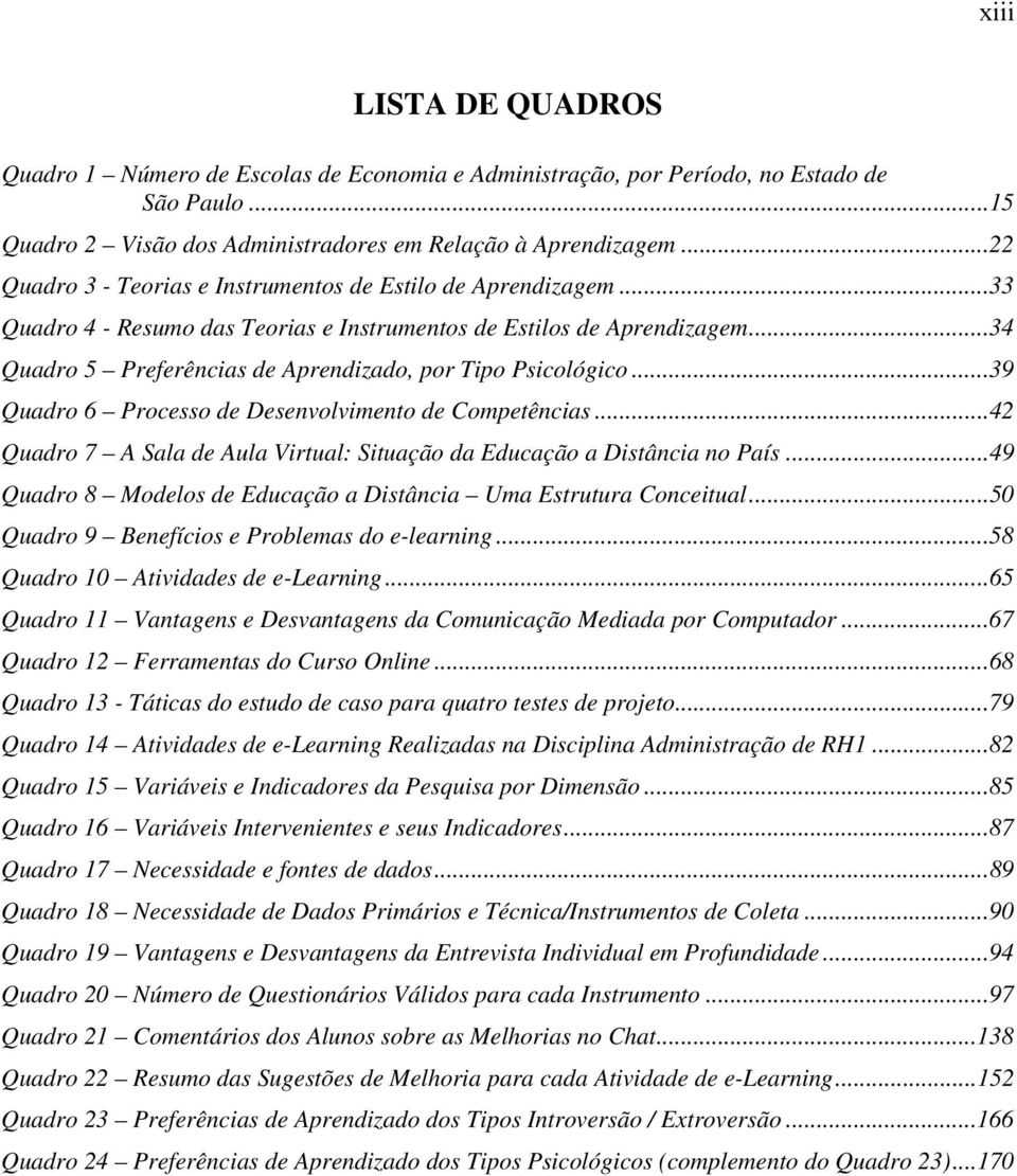 ..34 Quadro 5 Preferências de Aprendizado, por Tipo Psicológico...39 Quadro 6 Processo de Desenvolvimento de Competências...42 Quadro 7 A Sala de Aula Virtual: Situação da Educação a Distância no País.