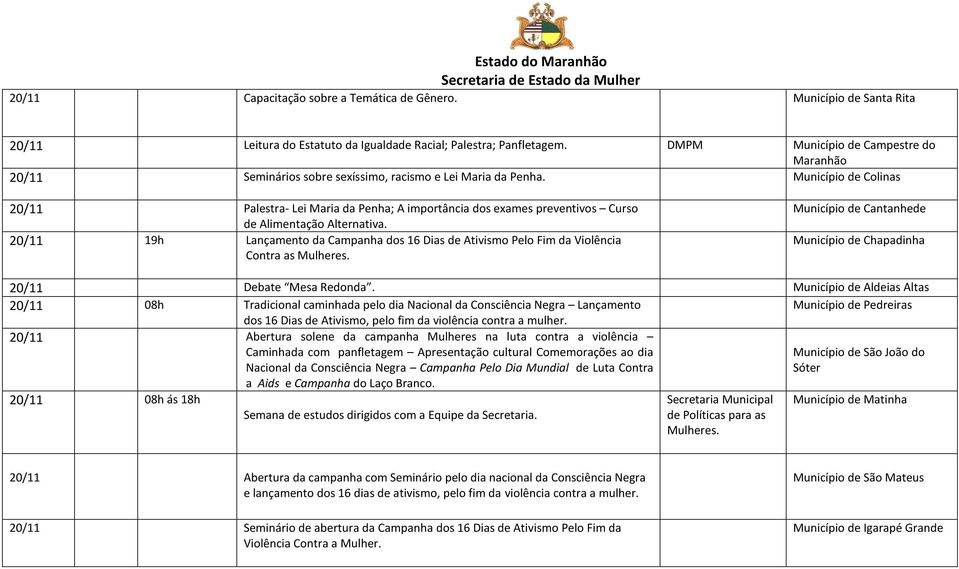 Município de Colinas 20/11 Palestra- Lei Maria da Penha; A importância dos exames preventivos Curso de Alimentação Alternativa.