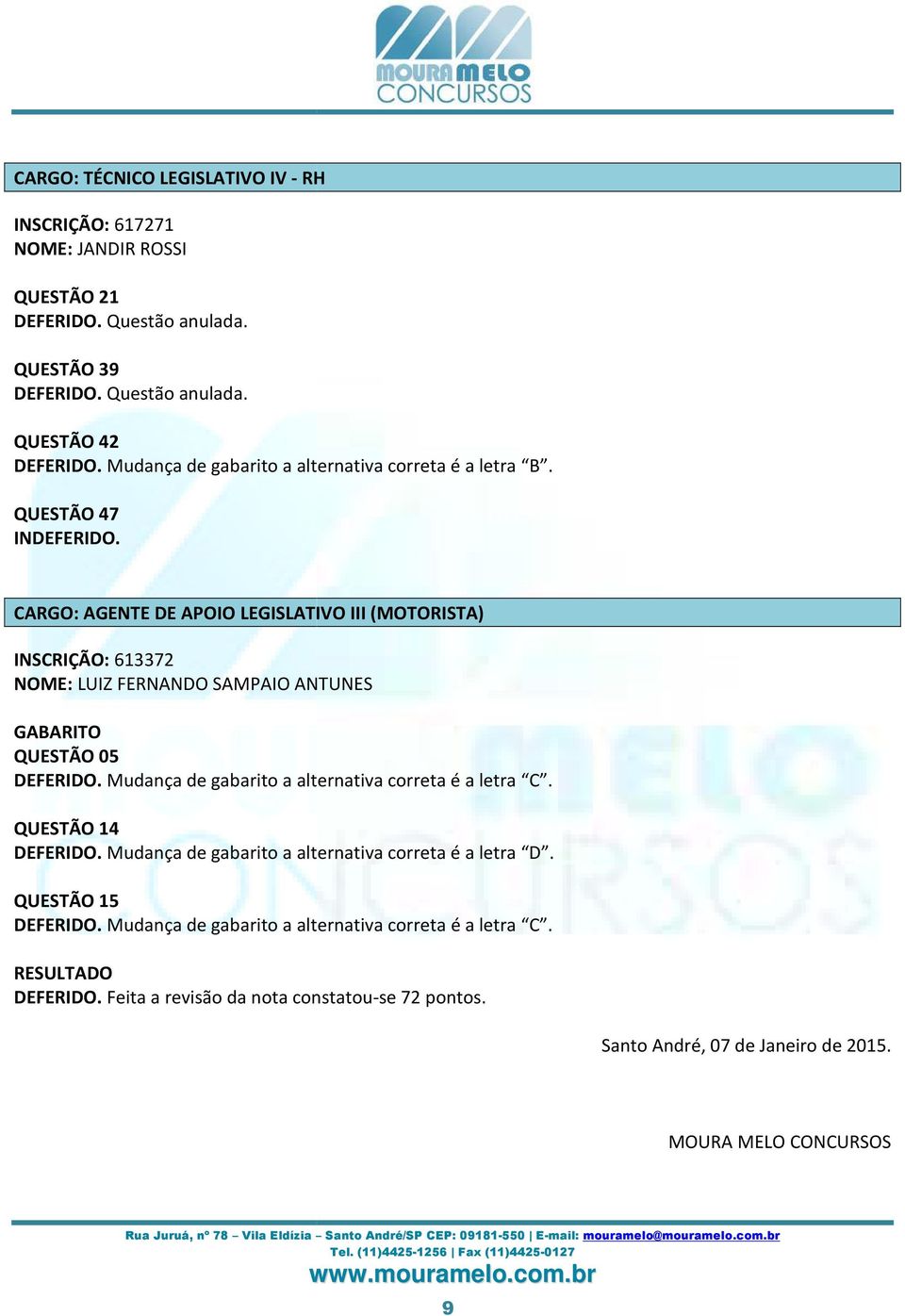 QUESTÃO 47 INSCRIÇÃO: 613372 NOME: LUIZ FERNANDO SAMPAIO ANTUNES GABARITO RESULTADO DEFERIDO.