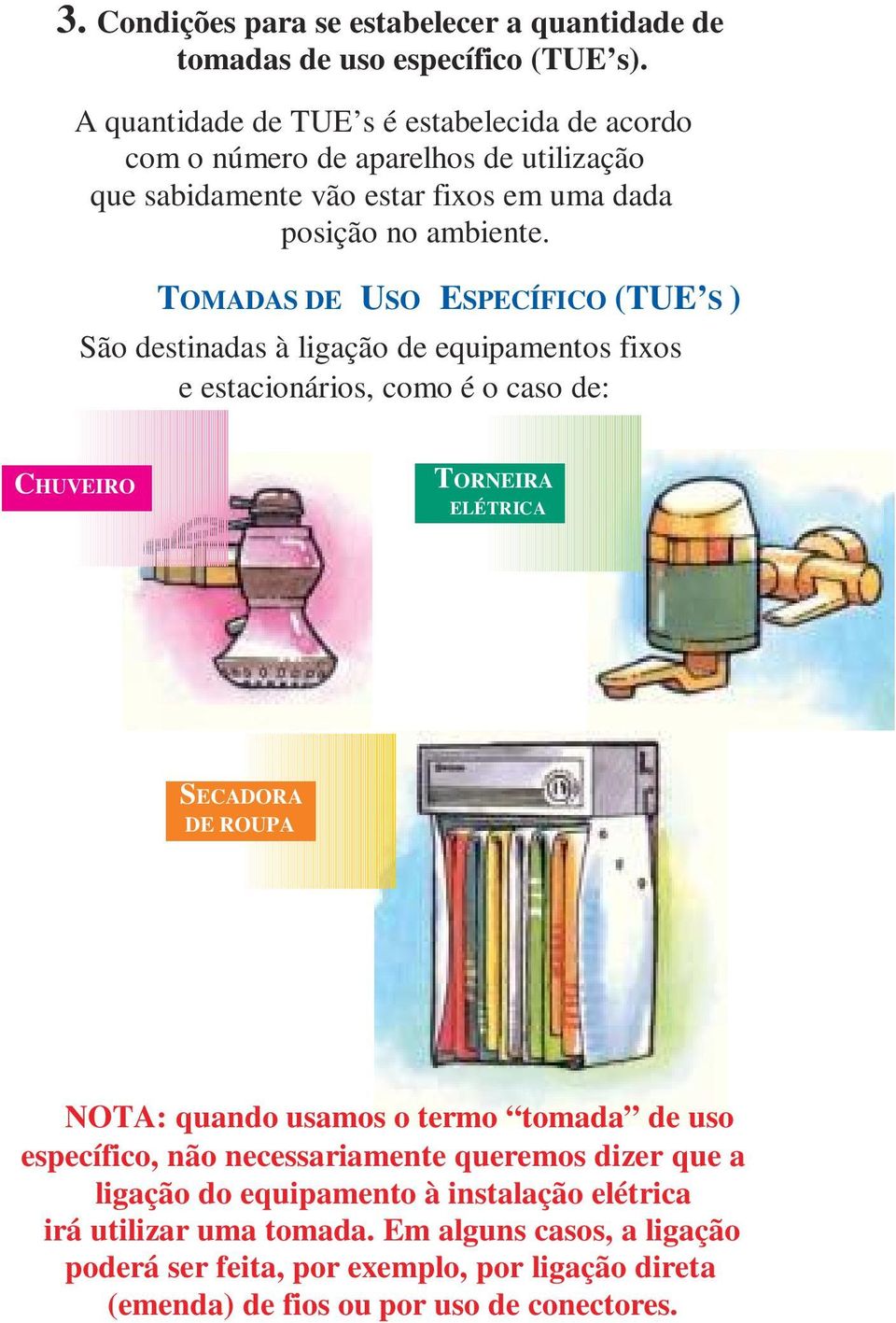 TOMADAS DE USO ESPECÍFICO (TUE S ) São destinadas à ligação de equipamentos fixos e estacionários, como é o caso de: CHUVEIRO TORNEIRA ELÉTRICA SECADORA DE ROUPA NOTA: