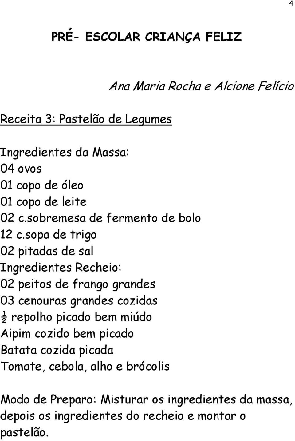 sopa de trigo 02 pitadas de sal Ingredientes Recheio: 02 peitos de frango grandes 03 cenouras grandes cozidas ½ repolho picado