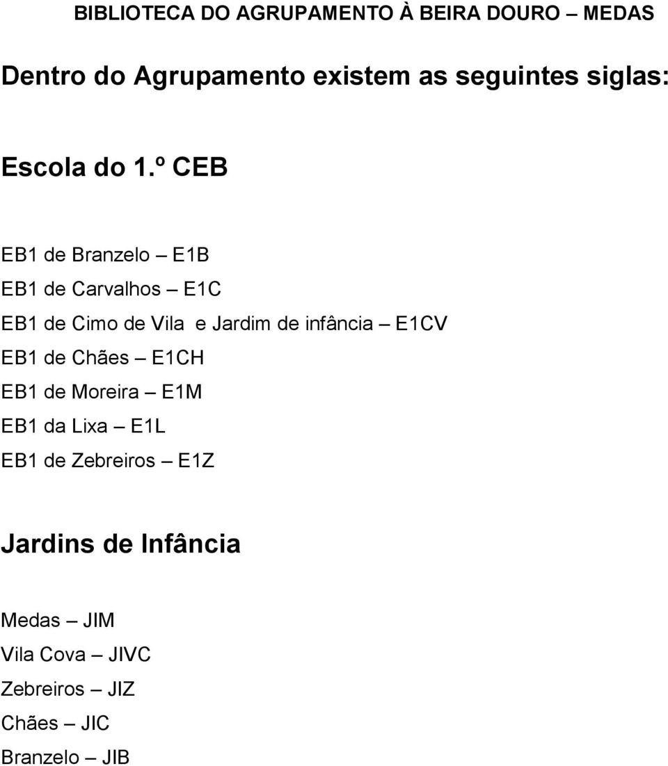 de infância E1CV EB1 de Chães E1CH EB1 de Moreira E1M EB1 da Lixa E1L EB1 de