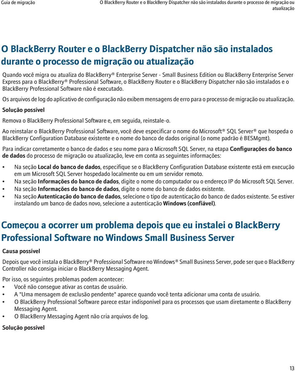 BlackBerry Router e o BlackBerry Dispatcher não são instalados e o BlackBerry Professional Software não é executado.