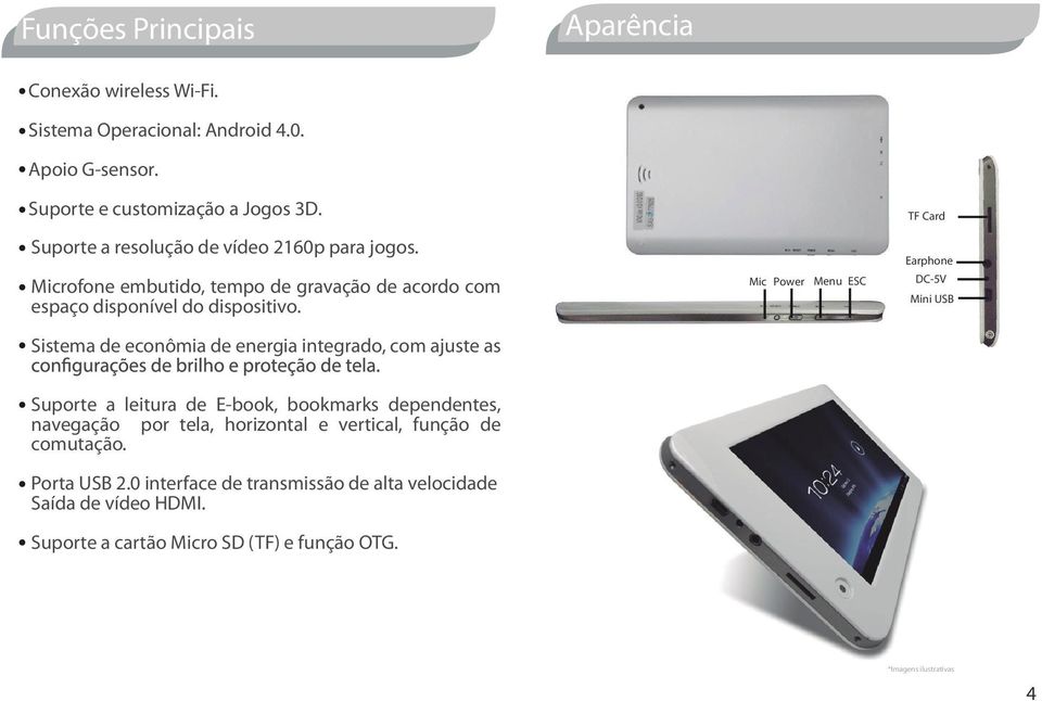 Earphone Mic Power Menu ESC DC-5V Mini USB Sistema de econômia de energia integrado, com ajuste as Suporte a leitura de E-book, bookmarks dependentes, navegação