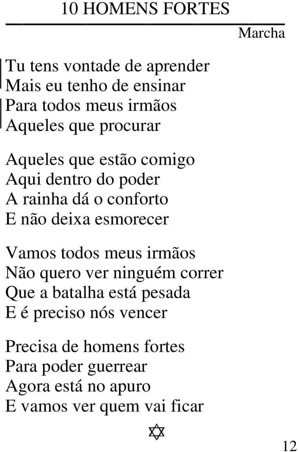 esmorecer Vamos todos meus irmãos Não quero ver ninguém correr Que a batalha está pesada E é preciso