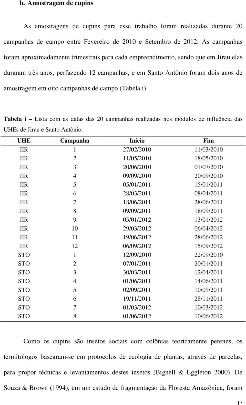 campanhas de campo (Tabela i). Tabela i Lista com as datas das 20 campanhas realizadas nos módulos de influência das UHEs de Jirau e Santo Antônio.