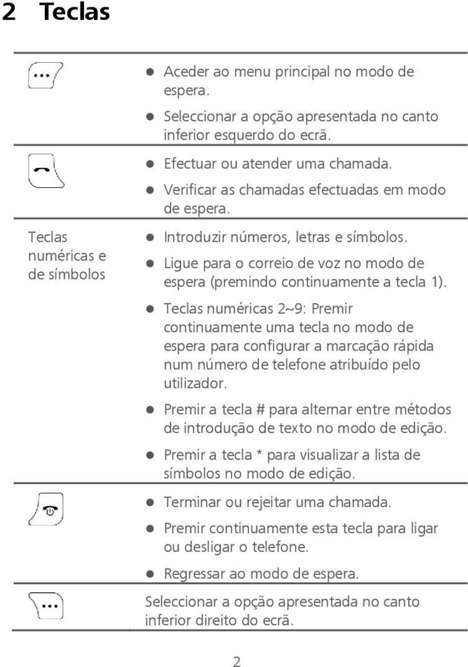 Teclas numéricas 2~9: Premir continuamente uma tecla no modo de espera para configurar a marcação rápida num número de telefone atribuído pelo utilizador.