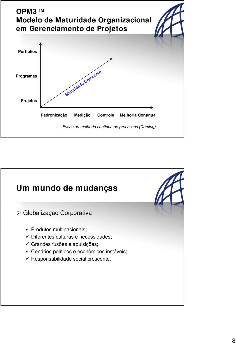 (Deming) Um mundo de mudanças Globalização Corporativa Produtos multinacionais; Diferentes culturas e