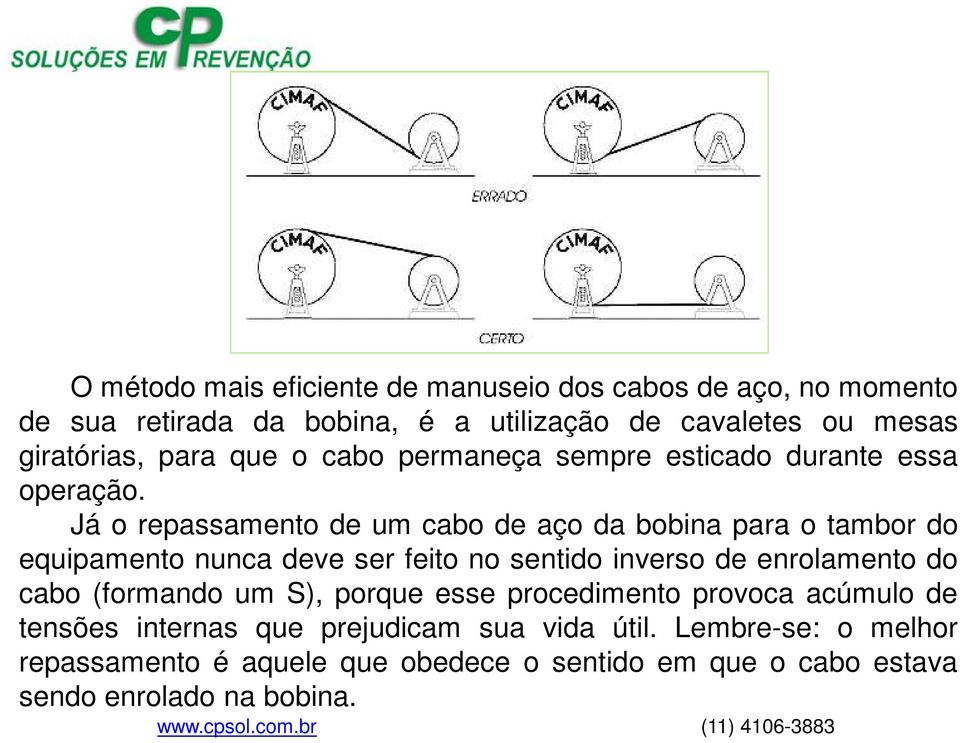 Já o repassamento de um cabo de aço da bobina para o tambor do equipamento nunca deve ser feito no sentido inverso de enrolamento do cabo