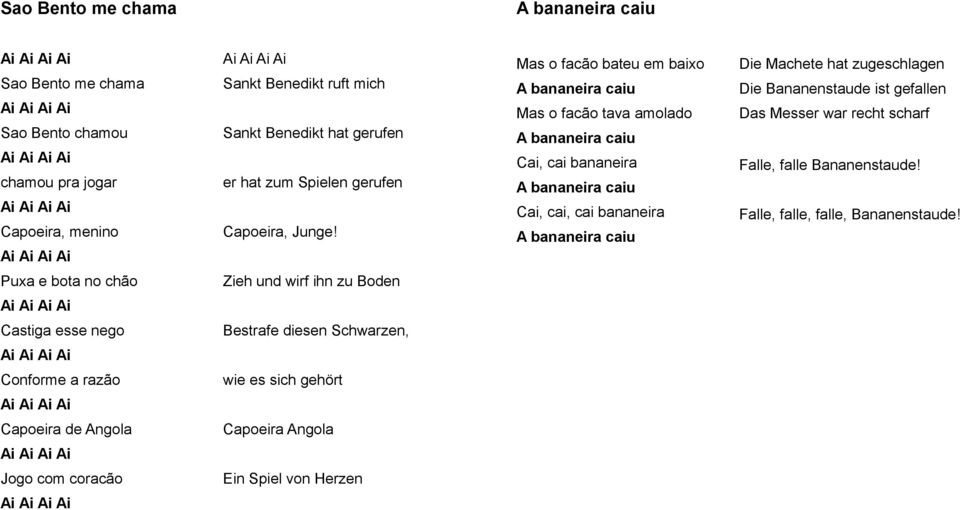 Mas o facão bateu em baixo Mas o facão tava amolado Cai, cai bananeira Cai, cai, cai bananeira Die Machete hat zugeschlagen Die Bananenstaude ist gefallen