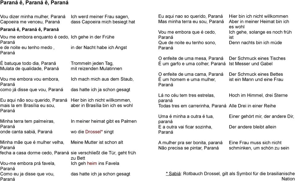 disse que vou, Ich werd meiner Frau sagen, dass Capoeira mich besiegt hat Ich gehe in der Frühe in der Nacht habe ich Angst Trommeln jeden Tag, mit reizenden Mulatinnen Ich mach mich aus dem Staub,