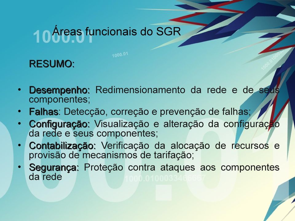 configuração da rede e seus componentes; Contabilização: Verificação da alocação de recursos