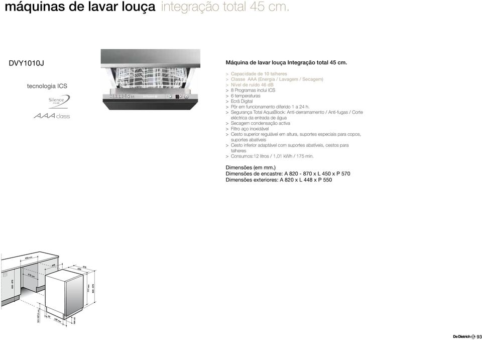 > Segurança Total AquaBlock: Anti-derramamento / Anti-fugas / Corte > Secagem condensação activa > Cesto superior regulável em altura, suportes especiais para copos, suportes abatíveis > Cesto