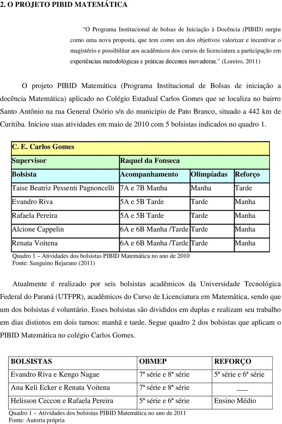 (Loreiro, 2011) O projeto PIBID Matemática (Programa Institucional de Bolsas de iniciação a docência Matemática) aplicado no Colégio Estadual Carlos Gomes que se localiza no bairro Santo Antônio na