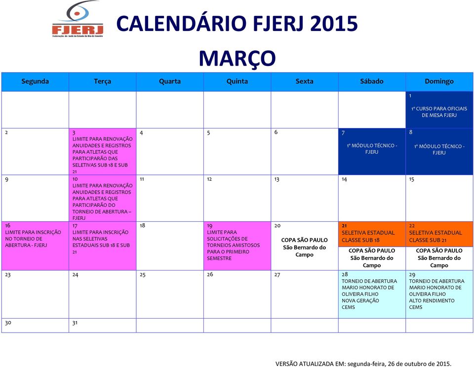 2 3 4 5 8 9 LIMITE PARA SOLICITAÇÕES DE TORNEIOS AMISTOSOS PARA O PRIMEIRO SEMESTRE 20 COPA SÃO PAULO São Bernardo do Campo SELETIVA ESTADUAL CLASSE SUB 8 COPA SÃO PAULO São Bernardo do Campo 23 24