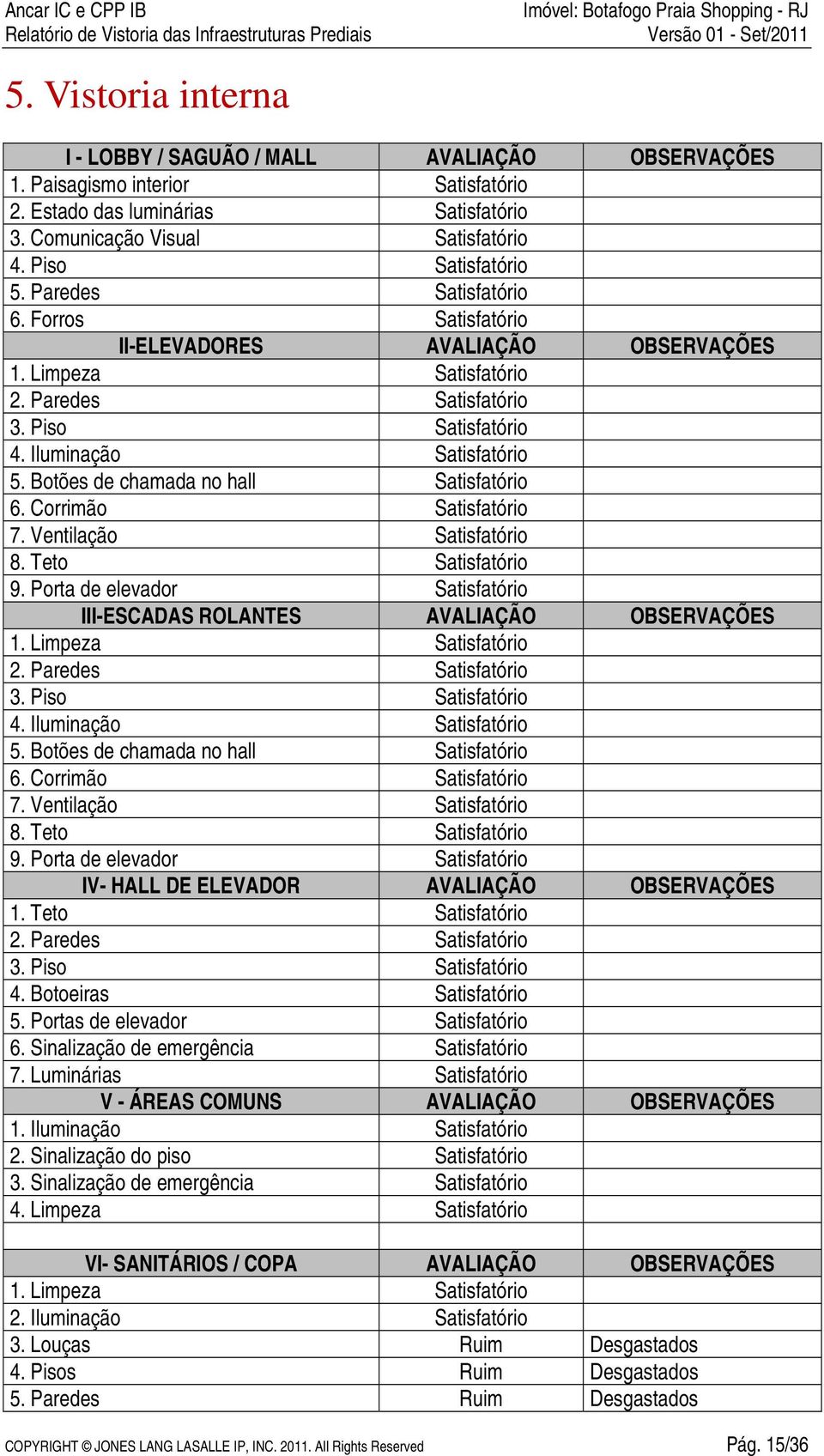 Botões de chamada no hall Satisfatório 6. Corrimão Satisfatório 7. Ventilação Satisfatório 8. Teto Satisfatório 9. Porta de elevador Satisfatório III-ESCADAS ROLANTES AVALIAÇÃO OBSERVAÇÕES 1.