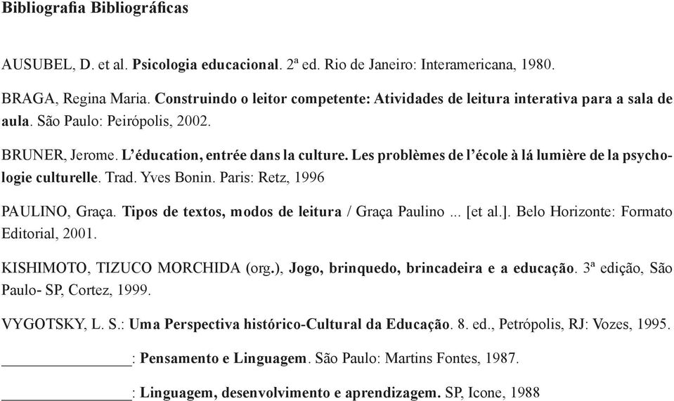 Les problèmes de l école à lá lumière de la psychologie culturelle. Trad. Yves Bonin. Paris: Retz, 1996 PAULINO, Graça. Tipos de textos, modos de leitura / Graça Paulino... [et al.].