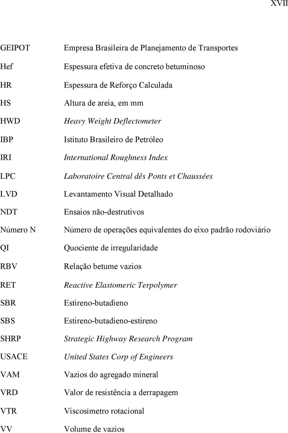 Levantamento Visual Detalhado Ensaios não-destrutivos Número de operações equivalentes do eixo padrão rodoviário Quociente de irregularidade Relação betume vazios Reactive Elastomeric Terpolymer