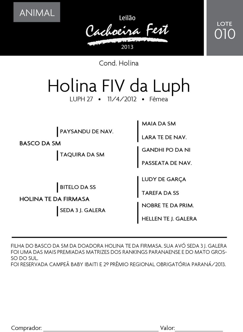 GALERA LUDY DE GARÇA TAREFA DA SS NOBRE TE DA PRIM. HELLEN TE J. GALERA Filha do Basco da SM da doadora Holina TE da Firmasa.