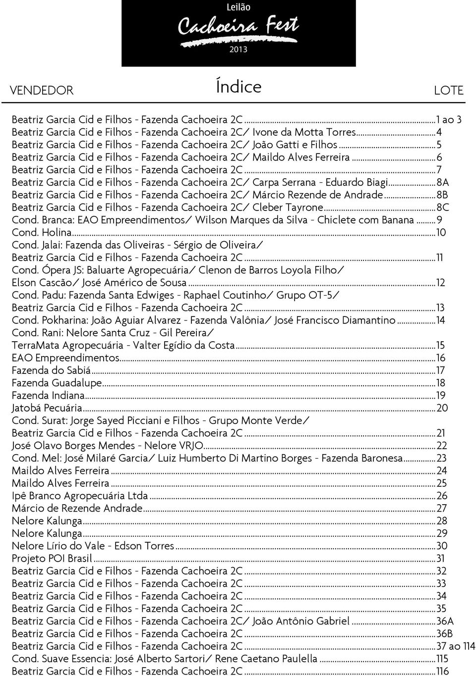 Holina...10 Cond. Jalai: Fazenda das Oliveiras - Sérgio de Oliveira/...11 Cond. Ópera JS: Baluarte Agropecuária/ Clenon de Barros Loyola Filho/ Elson Cascão/ José Américo de Sousa...12 Cond.