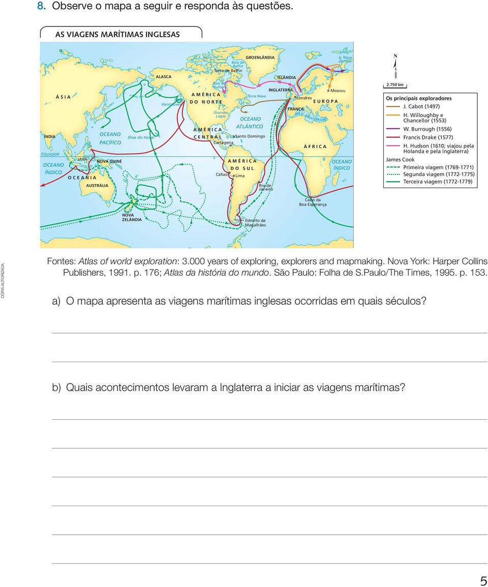 Hudson (1610; viajou pela Holanda e pela Inglaterra) ÁFRICA EQUADOR JAVA OCEANO ÍNDICO AMÉRICA NOVA GUINÉ OCEANO ÍNDICO DO SUL Callao OCEANIA Lima Rio de Janeiro AUSTRÁLIA J. Cabot (1497) W.