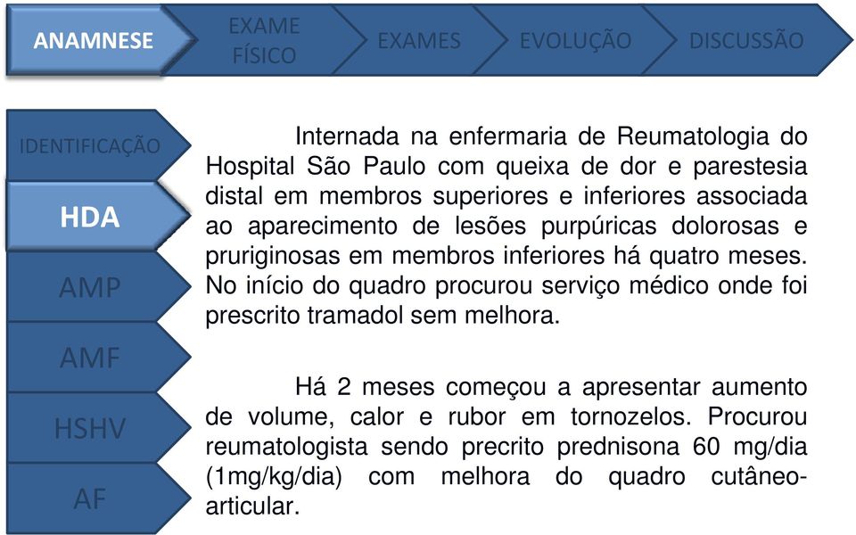 AMP No início co do quadro procurou pocuouserviço médico onde foi prescrito tramadol sem melhora.