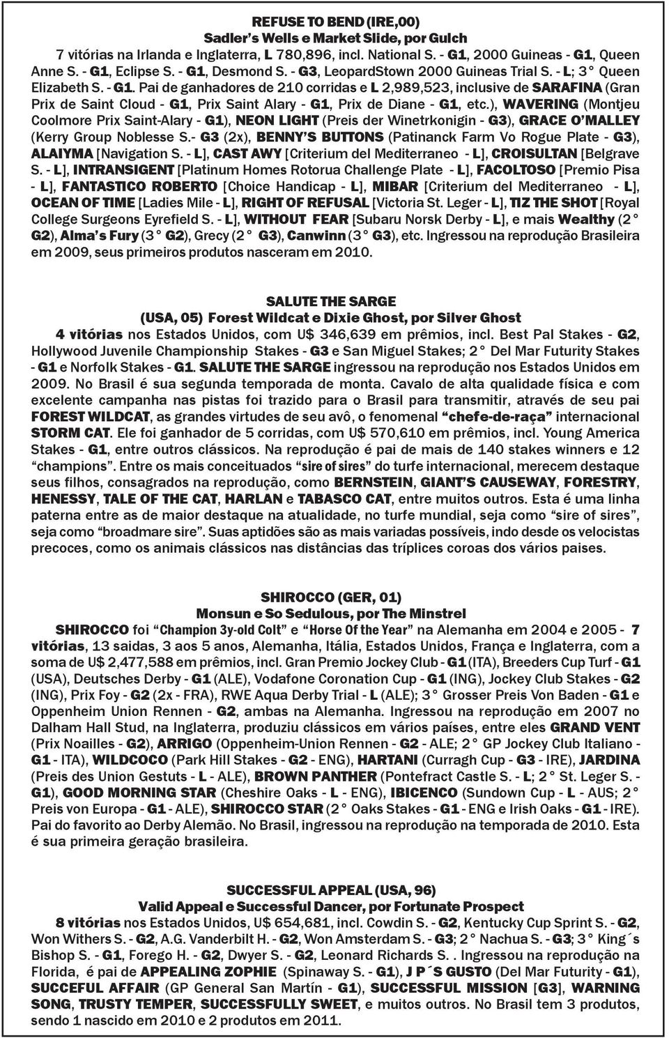 Pai de ganhadores de 210 corridas e L 2,989,523, inclusive de SARAFINA (Gran Prix de Saint Cloud G1, Prix Saint Alary G1, Prix de Diane G1, etc.