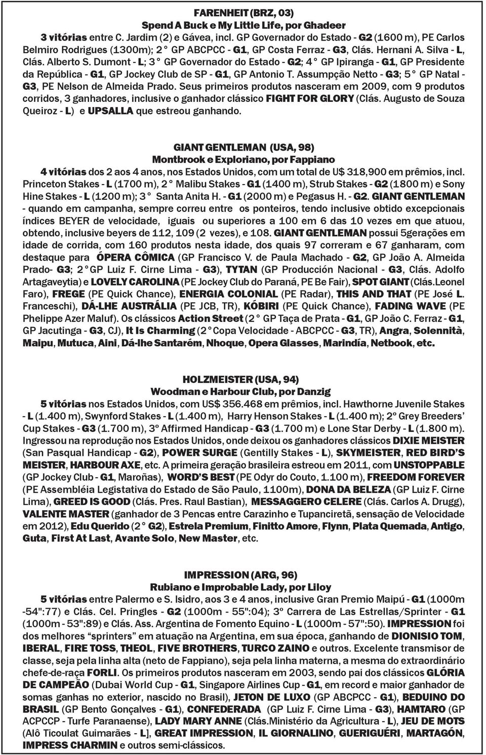 Dumont L; 3 GP Governador do Estado G2; 4 GP Ipiranga G1, GP Presidente da República G1, GP Jockey Club de SP G1, GP Antonio T. Assumpção Netto G3; 5 GP Natal G3, PE Nelson de Almeida Prado.