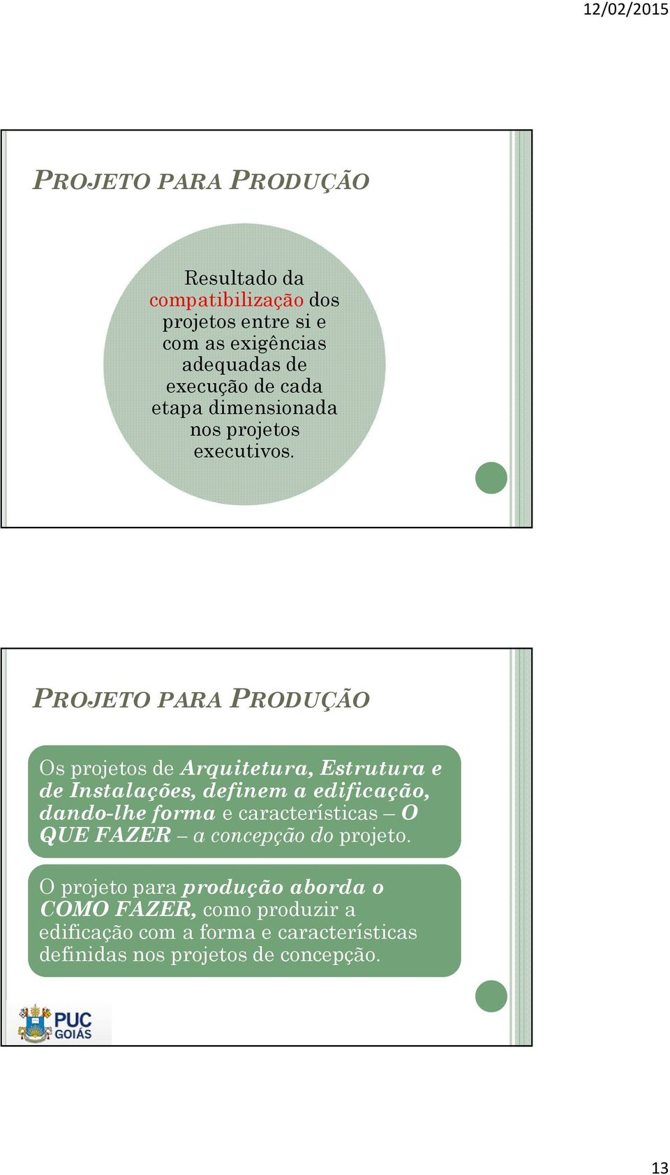 PROJETO PARA PRODUÇÃO Os projetos de Arquitetura, Estrutura e de Instalações, definem a edificação, dando-lhe forma e