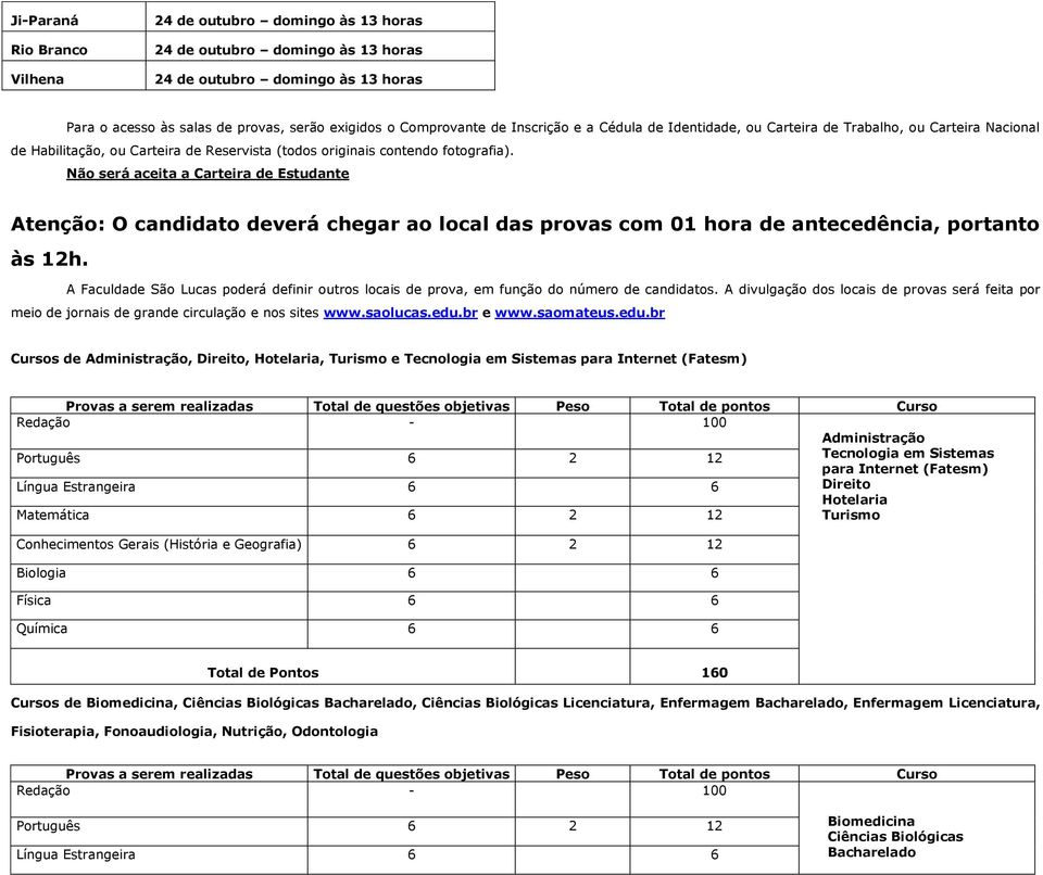 Não será aceita a Carteira de Estudante Atenção: O candidato deverá chegar ao local das provas com 01 hora de antecedência, portanto às 12h.