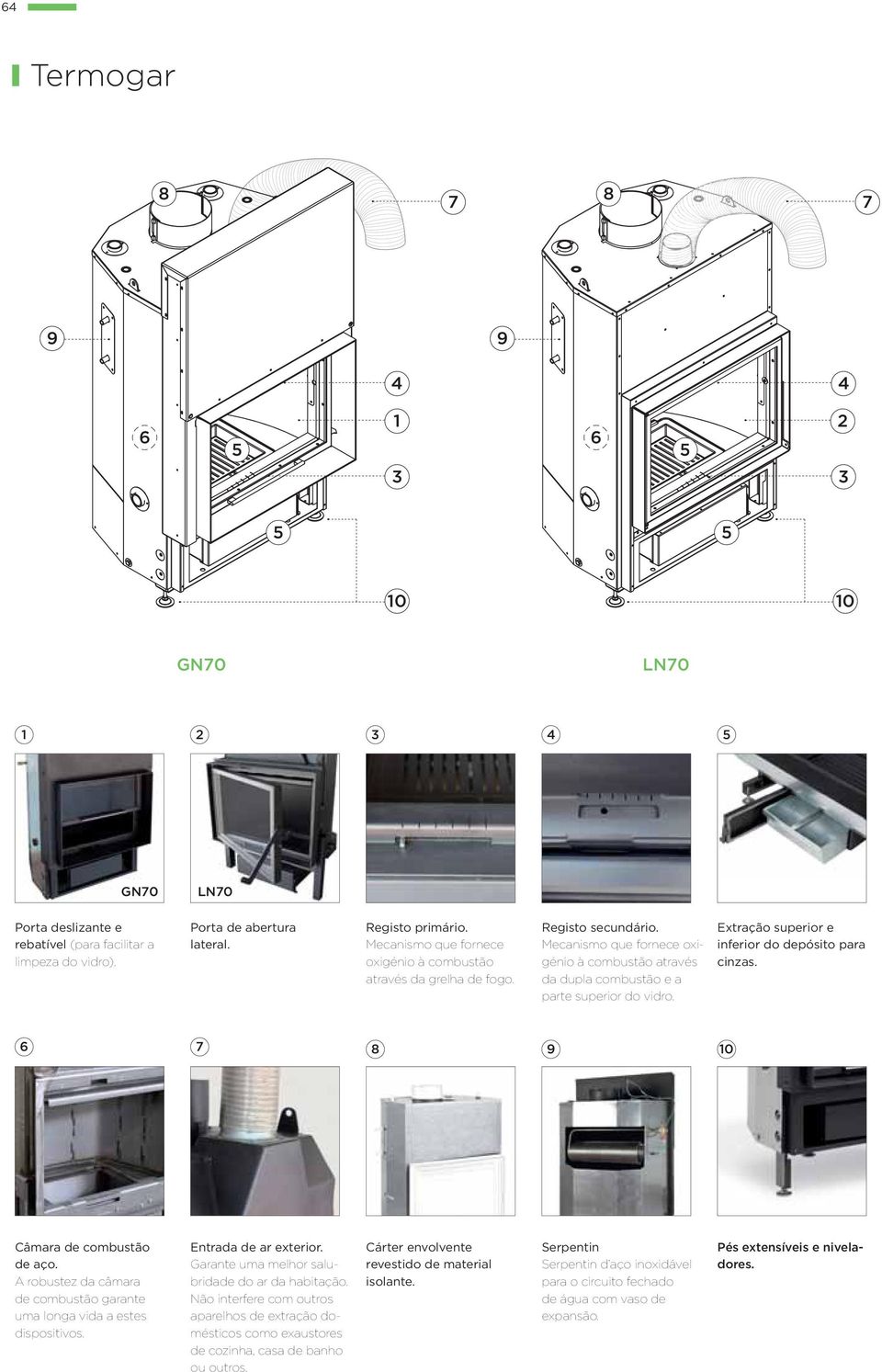 Extração superior e inferior do depósito para cinzas. 6 7 8 9 10 Câmara de combustão de aço. A robustez da câmara de combustão garante uma longa vida a estes dispositivos. Entrada de ar exterior.