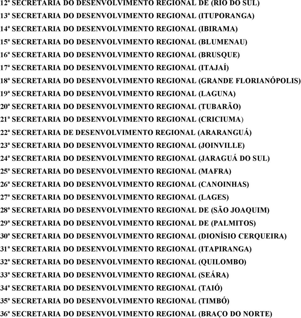 FLORIANÓPOLIS) 19ª SECRETARIA DO DESENVOLVIMENTO REGIONAL (LAGUNA) 20ª SECRETARIA DO DESENVOLVIMENTO REGIONAL (TUBARÃO) 21ª SECRETARIA DO DESENVOLVIMENTO REGIONAL (CRICIUMA) 22ª SECRETARIA DE