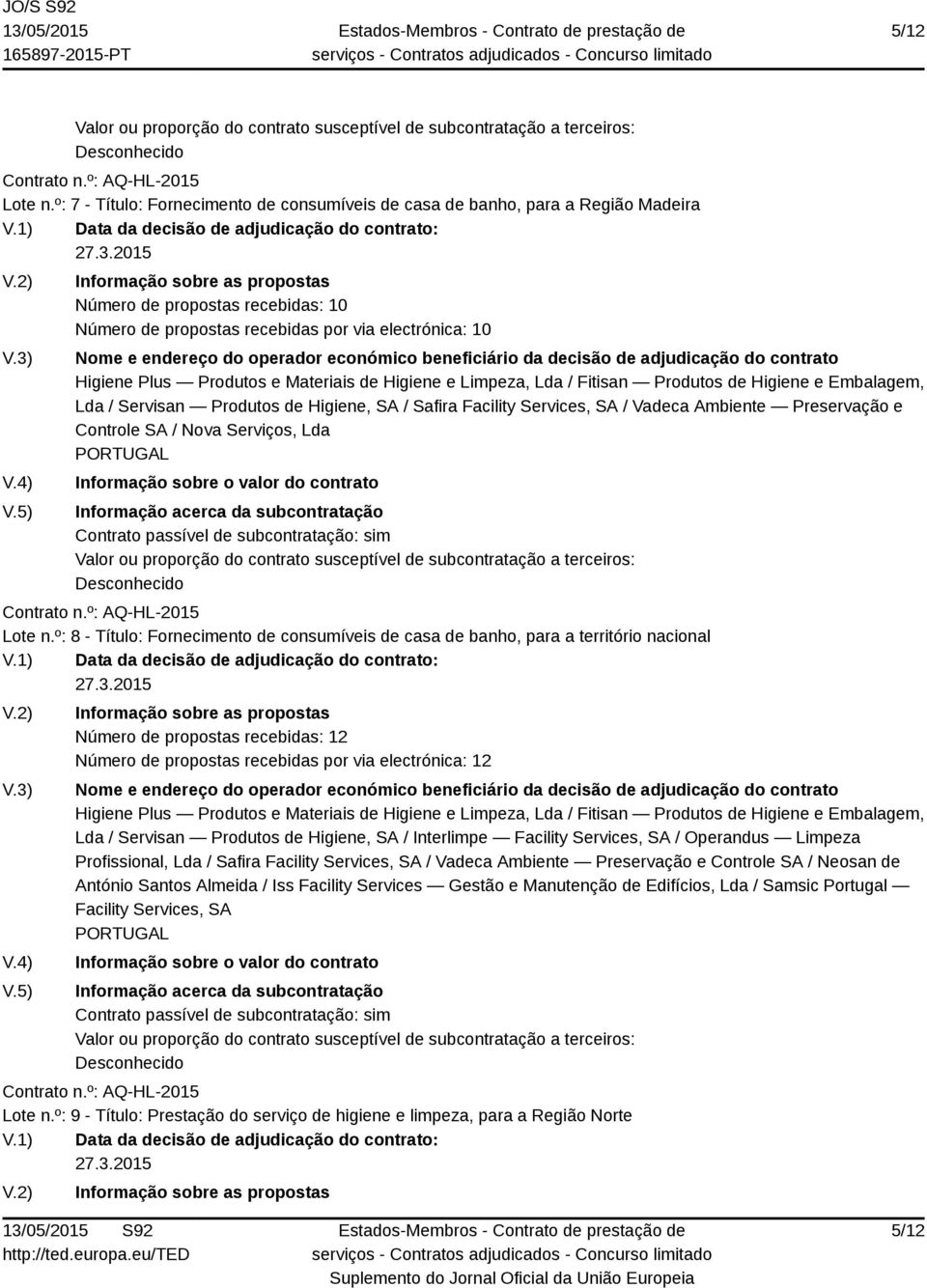 Materiais de Higiene e Limpeza, Lda / Fitisan Produtos de Higiene e Embalagem, Lda / Servisan Produtos de Higiene, SA / Safira Facility Services, SA / Vadeca Ambiente Preservação e Controle SA / Nova