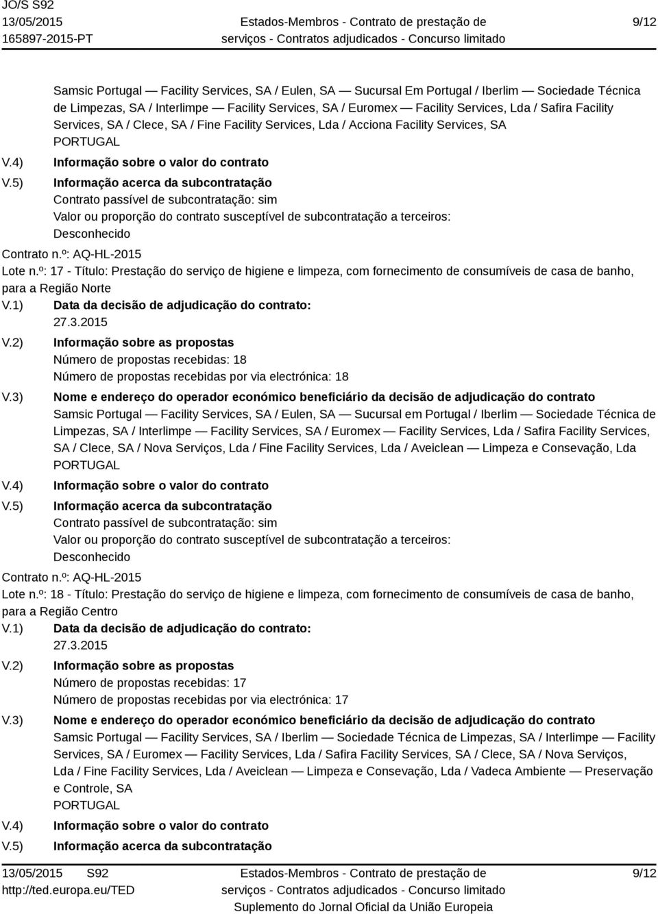 º: 17 - Título: Prestação do serviço de higiene e limpeza, com fornecimento de consumíveis de casa de banho, para a Região Norte Número de propostas recebidas: 18 Número de propostas recebidas por