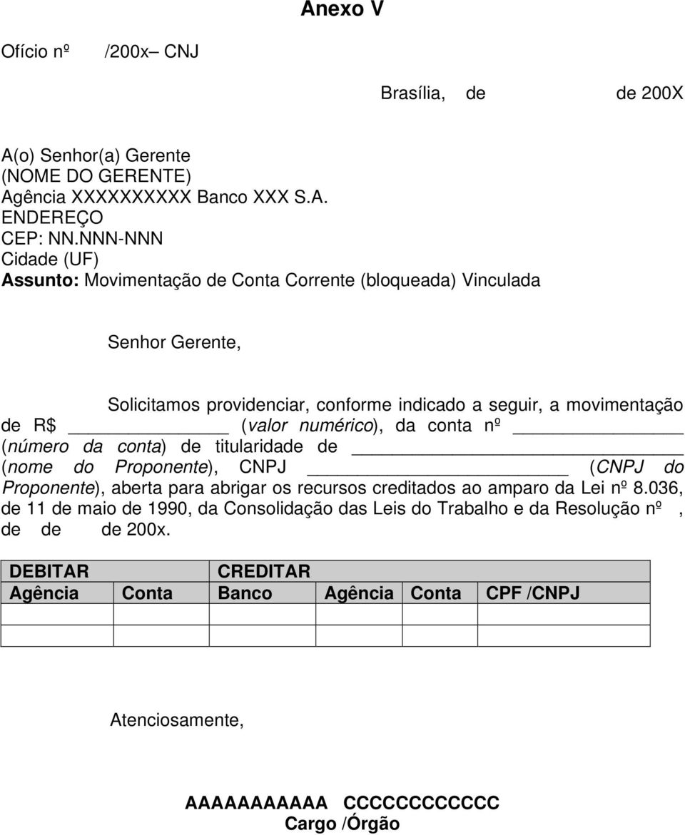 (valor numérico), da conta nº (número da conta) de titularidade de (nome do Proponente), CNPJ (CNPJ do Proponente), aberta para abrigar os recursos creditados ao amparo da Lei