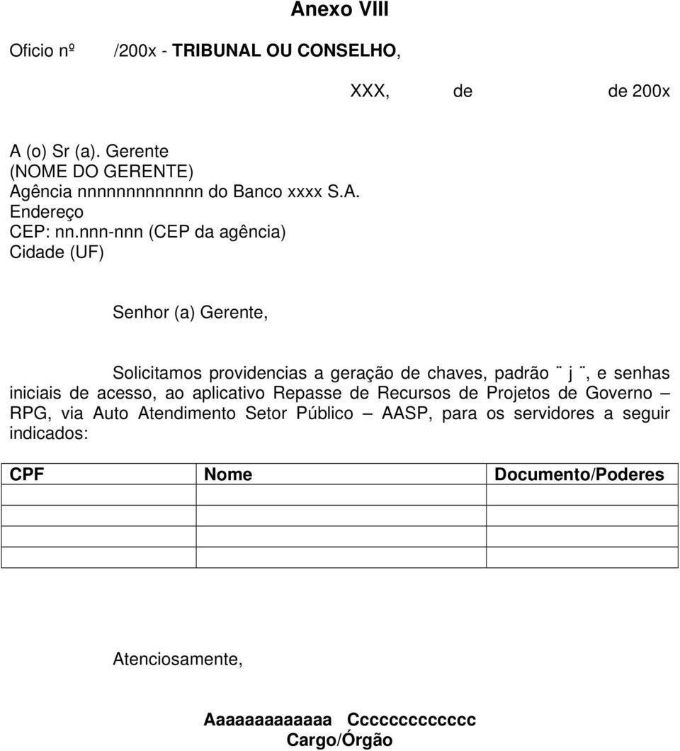 nnn-nnn (CEP da agência) Cidade (UF) Senhor (a) Gerente, Solicitamos providencias a geração de chaves, padrão j, e senhas iniciais