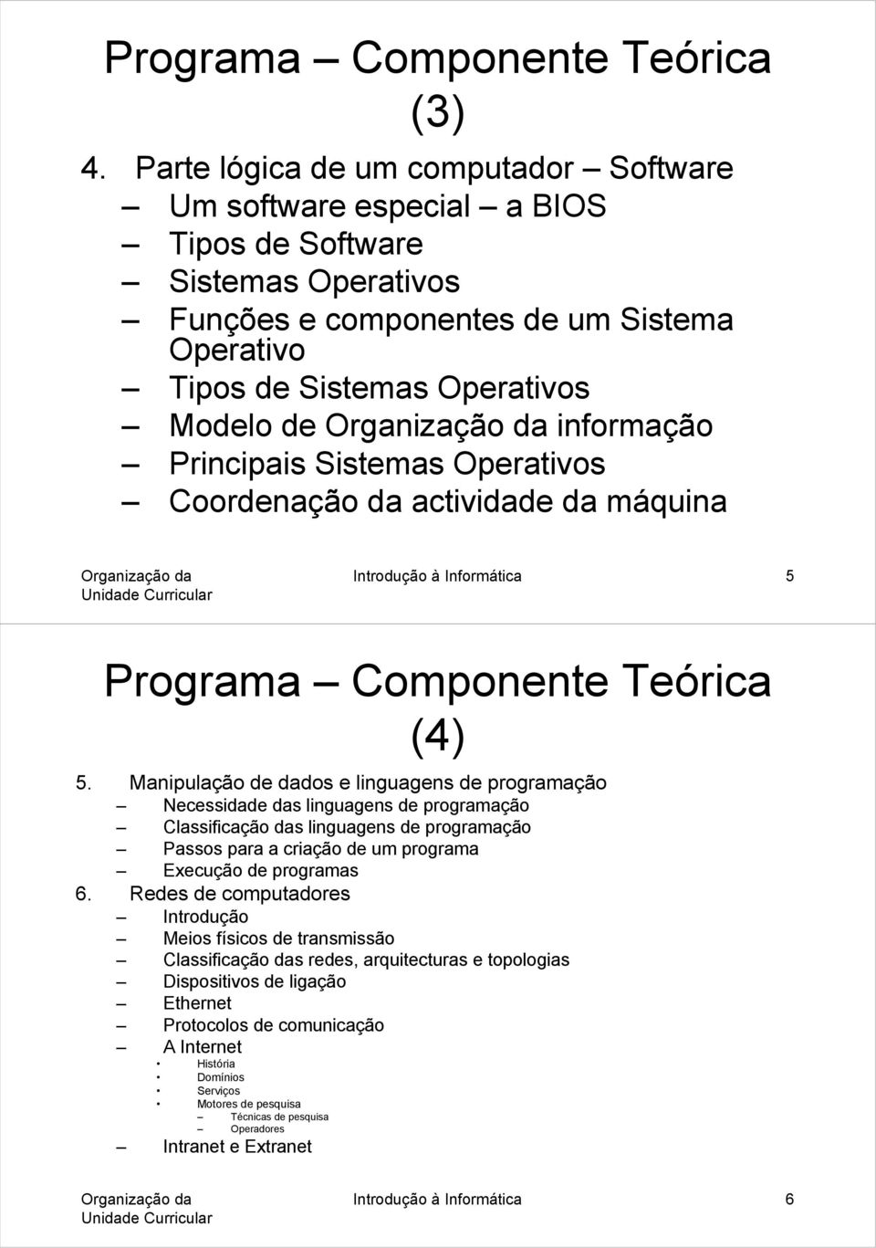 informação Principais Sistemas Operativos Coordenação da actividade da máquina Introdução à Informática 5 Programa Componente Teórica (4) 5.