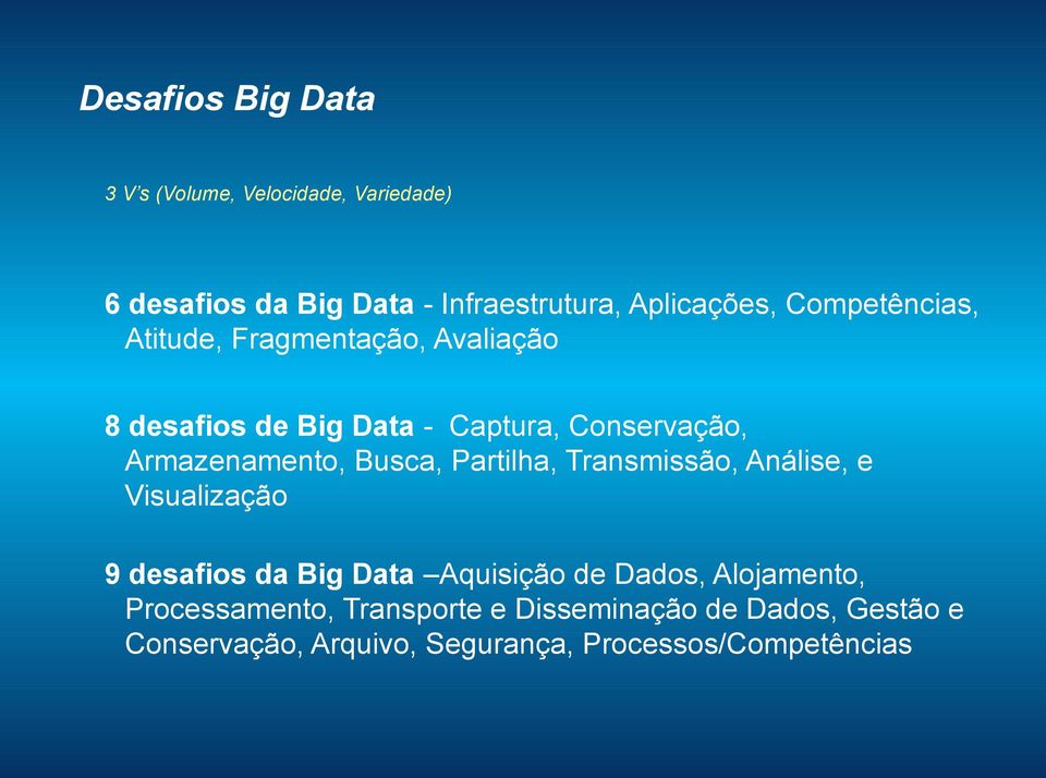 Busca, Partilha, Transmissão, Análise, e Visualização 9 desafios da Big Data Aquisição de Dados, Alojamento,