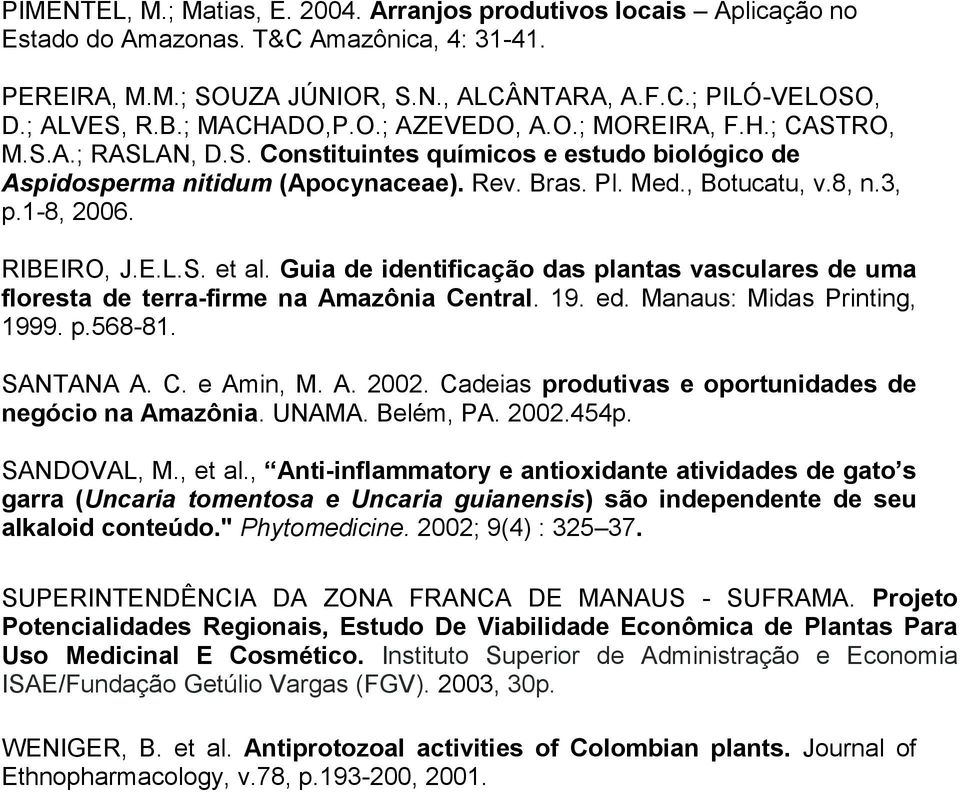 1-8, 2006. RIBEIRO, J.E.L.S. et al. Guia de identificação das plantas vasculares de uma floresta de terra-firme na Amazônia Central. 19. ed. Manaus: Midas Printing, 1999. p.568-81. SANTANA A. C. e Amin, M.