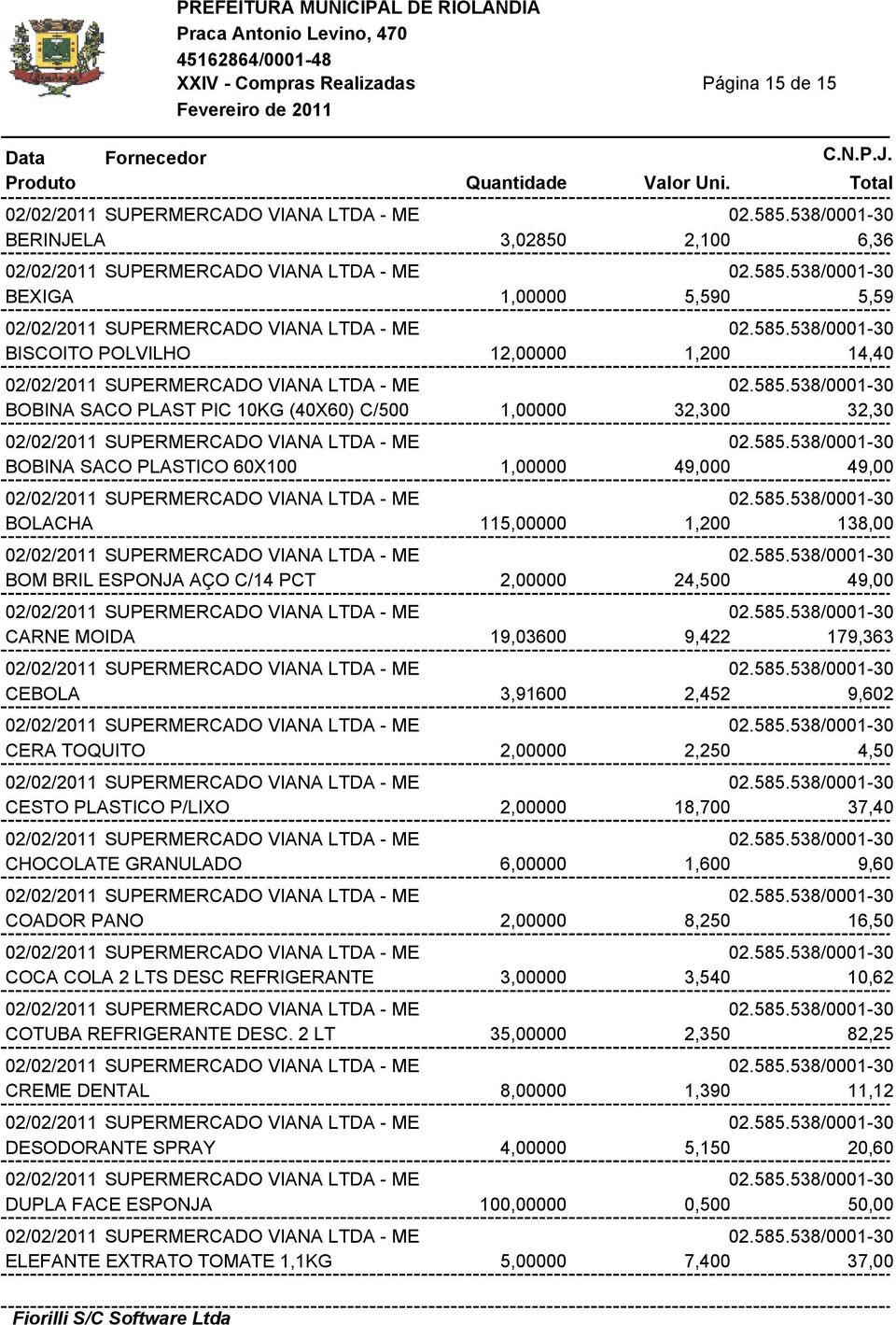 2,250 4,50 CESTO PLASTICO P/LIXO 2,00000 18,700 37,40 CHOCOLATE GRANULADO 6,00000 1,600 9,60 COADOR PANO 2,00000 8,250 16,50 COCA COLA 2 LTS DESC REFRIGERANTE 3,00000 3,540 10,62 COTUBA