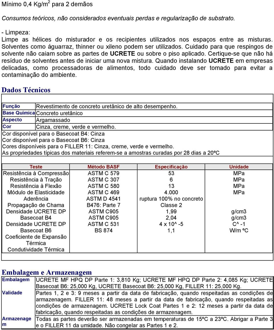 Cuidado para que respingos de solvente não caiam sobre as partes de UCRETE ou sobre o piso aplicado. Certique-se que não há resíduo de solventes antes de iniciar uma nova mistura.