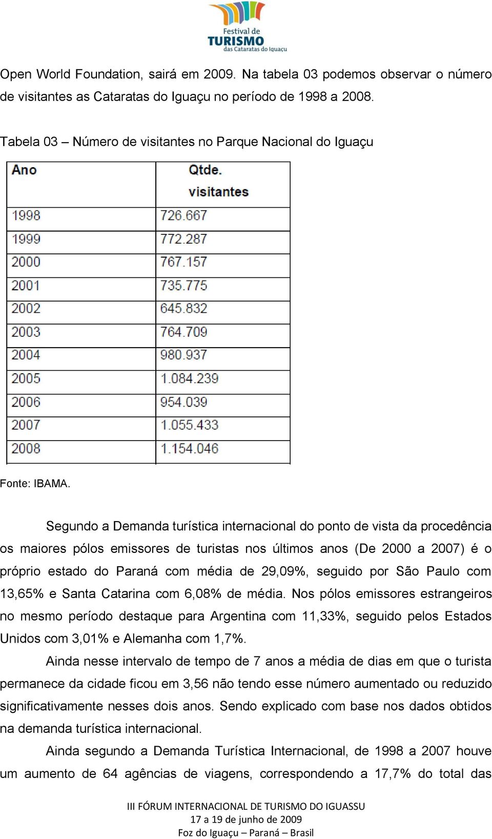 Segundo a Demanda turística internacional do ponto de vista da procedência os maiores pólos emissores de turistas nos últimos anos (De 2000 a 2007) é o próprio estado do Paraná com média de 29,09%,