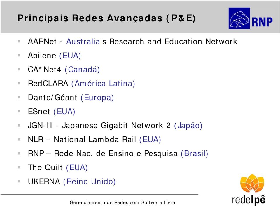 (Europa) ESnet (EUA) JGN-II - Japanese Gigabit Network 2 (Japão) NLR National